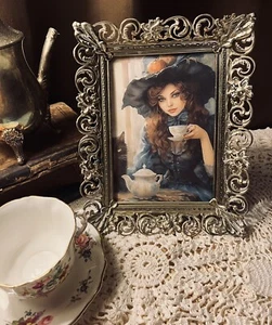 Teatime Witch, Vintage Gold Metal Fancy Frame, Framed Print C - Picture 1 of 6