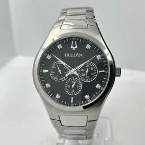 Bulova Diamond Mens Silver Stainless Steel Black Dial 42mm Day/Date Watch 96D143 - Picture 1 of 8