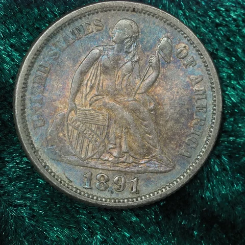 1891 BU Seated Liberty Dime Coin - Rainbow Toned, Rare Vintage Collectible Cover