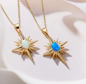 Opal Mother Of Pearl Necklace, Lab Opal Starburst Necklace in 18k Gold & Silver. - Picture 1 of 9