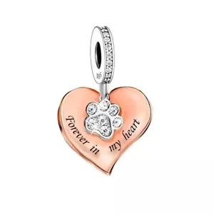 💖 Dog Cat Charm Paw Prints Memorial Love Heart Genuine 925 Sterling Silver - Picture 1 of 2