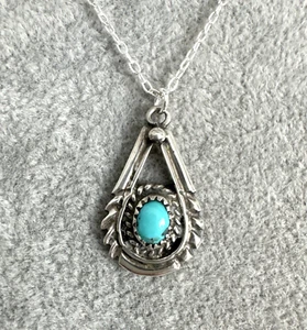 Vintage C Dav. Turquoise Pendant Raindrop Sterling Rope Edge 18" Necklace Navajo - Picture 1 of 13