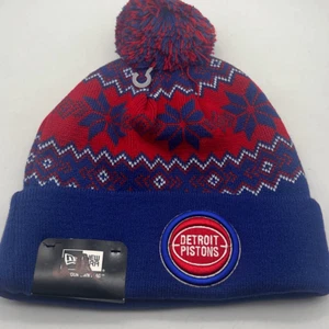 New Era NBA Detroit Pistons Snow burst Pom Cuffed Knit Mens warm Beanie NWT - Picture 1 of 5