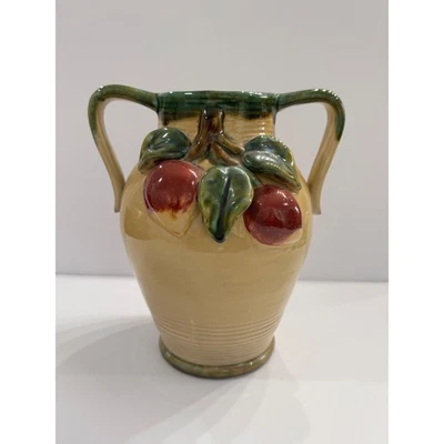 Vintage Ceramic Peace Fruit Vase Apples Leaves 2 Handle Redware Majolica-Style - Image 1 of 4