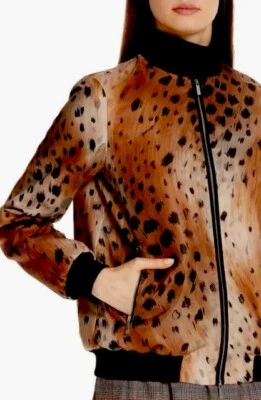 NUEVO CON ETIQUETAS $798 Chaqueta Bomber Lafayette 148 New York Melrose Agave Leopardo Tec Grande L Foto 1 de 4