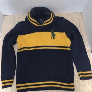 Polo Ralph Lauren Navy/Yellow Shawl Collar Sweater Big Pony Boys Size 7 Cotton - Picture 1 of 7
