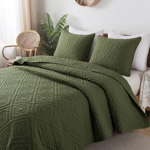Olive Green Queen Size Quilt Bedding Sets with Pillow Shams, Boho Dark Sage Ligh - Picture 1 of 7