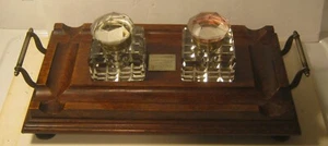 Fabulous Mission Oak TINTENBRUNNEN Ständer mit 2 geschliffenen Kristallbrunnen ID Plakette datiert 1901 - Bild 1 von 14