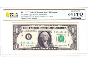 1977 $1 FRN PCGS 64PPQ Fancy TRUE BINARY NEAR SOLID 6 DIGIT Serial #E00111111A - Picture 1 of 2
