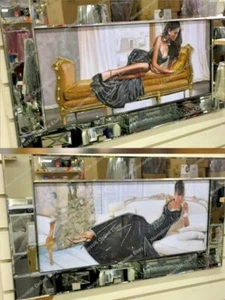 Lady in black dress sitting on gold/white sofa pictures crystals & mirror frames - Picture 1 of 23