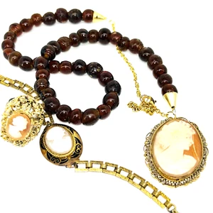 VTG Lot of 3 Costume Cameo Brooch Bracelet Ring Amber? Beaded Necklace ForCrafts - Picture 1 of 16