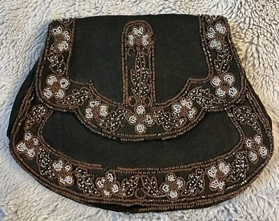 Vintage 1940s Evening Clutch Purse HandMade in France Black w/ Metal Micro Beads - Image 1 of 4