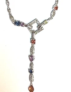 DIAMOND AND MULTI COLOR SAPPHIRE 14K WHITE GOLD NECKLACE - Picture 1 of 9