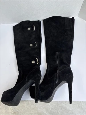 Bakers black suede leather knee-high heeled boots with decorative button details - Image 1 of 2