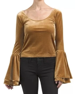 Torn by Ronny Kobo Sabrina Velvet Bell Sleeve Crop Top Large Gold Boho Witchy - Image 1 of 4