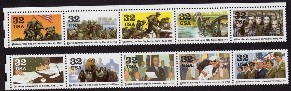 us stamps #2981 WW2 1945: Victory At Last. Strips of 10 Stamps- MNH - Image 1 of 1