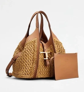 TOD'S T Timeless Mini $3345 Beige/Brown Leather And Raffia Shopping Bag New - Picture 1 of 11