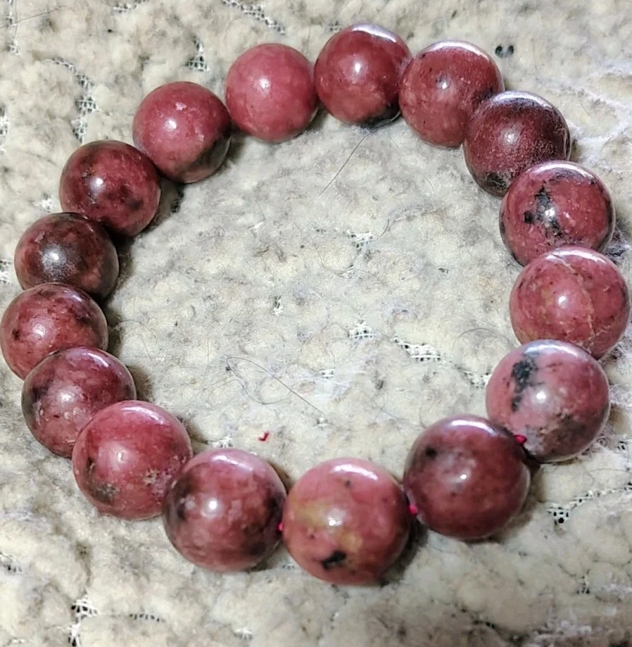 77g Natural Rhodonite Gemstone Bead Stretch Bracelet 10mm Pink Black Heavy - Image 1 of 4