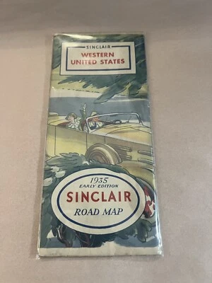 Hoja de ruta Sinclair Western Estados Unidos 1935 edición temprana lata de petróleo gas Foto 1 de 4