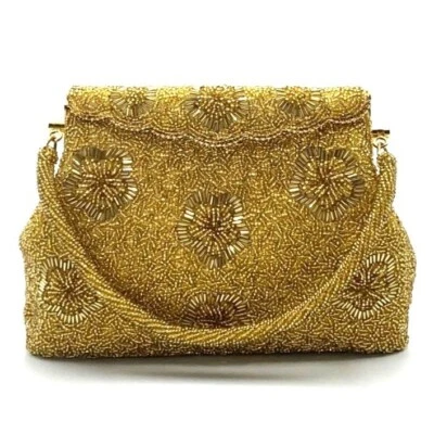 Bolso sin asas con cuentas correa dorada Bolso de mano Cartera Vintage Semilla Cuentas Corneta Foto 1 de 4