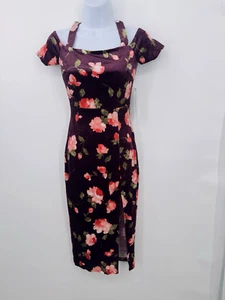 Vintage Floral Dress Y2K Bodycon Midi velvet Y2k Fairy Grunge Red Stretch NWT - Picture 1 of 15