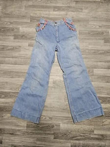 Vintage 70s Faded Glory Bell Bottoms Flare Jeans Stitch Work 32/11 High Waisted - Picture 1 of 17