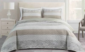 Taupe Gray Hibiscus Patchwork Quilt Set Pre-Washed Cotton Bedspread Coverlet Set - Picture 1 of 11