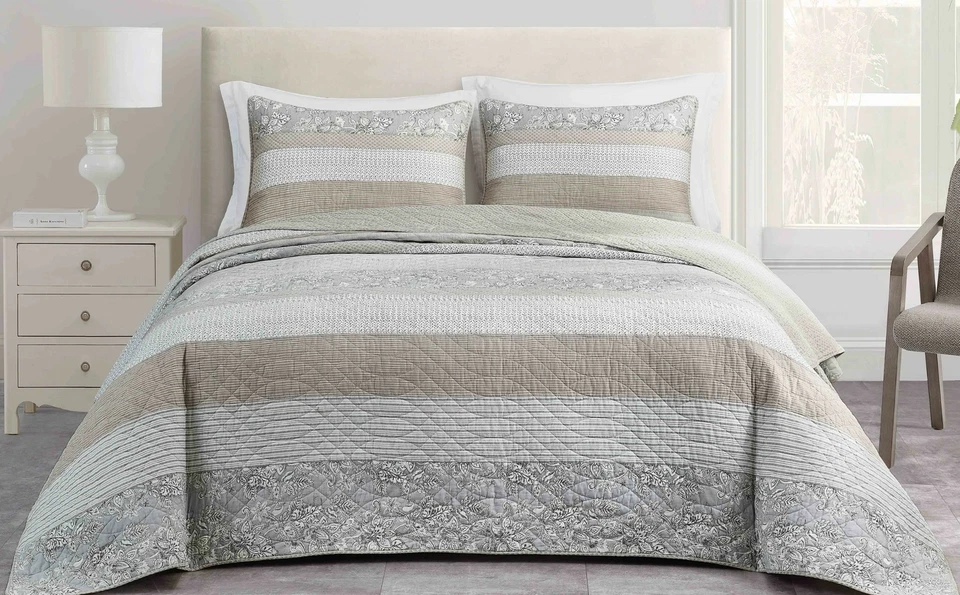 Taupe Gray Hibiscus Patchwork Quilt Set Pre-Washed Cotton Bedspread Coverlet Set - Image 1 of 4