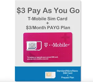 T-Mobile $3/Month Pay As You Go Plan+Sim Card with Talk,Text ($0.1/call or text) - Picture 1 of 10