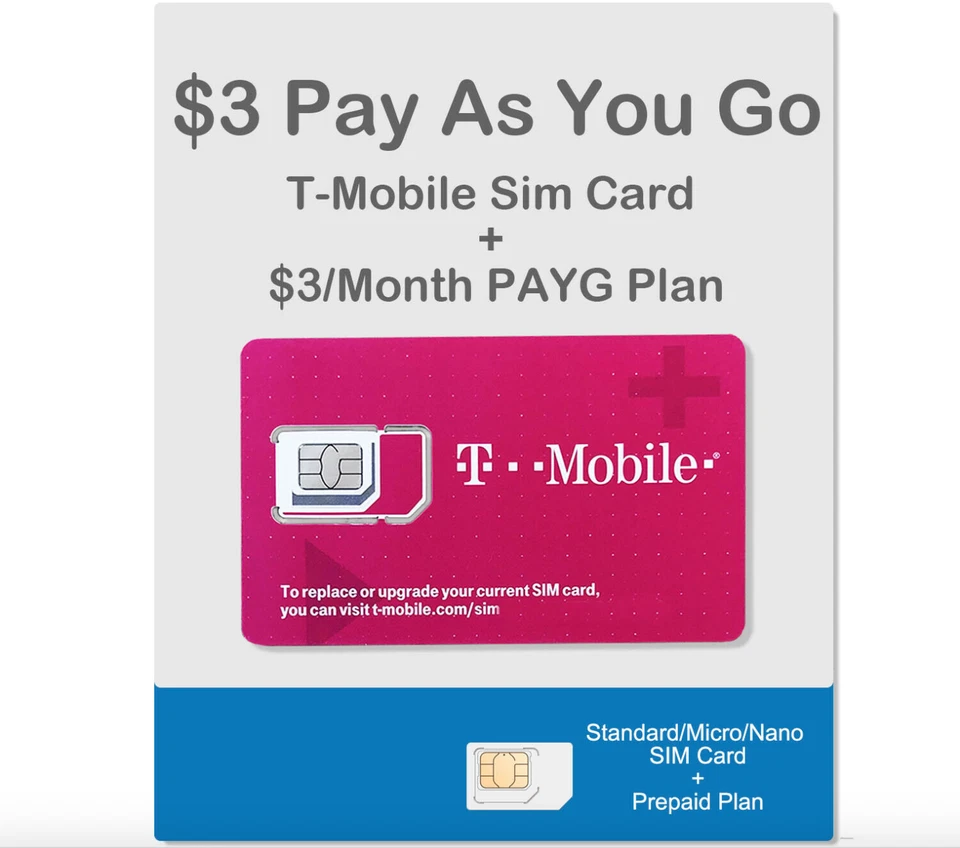 T-Mobile $3/Month Pay As You Go Plan+Sim Card with Talk,Text ($0.1/call or text) - Image 1 of 4
