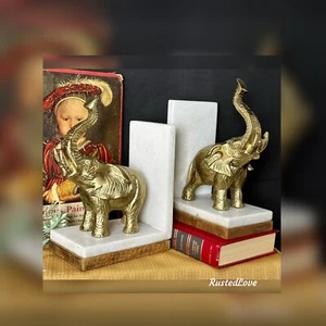 Vintage Solid Brass Elephant Book Ends on Stone and Wood Trunks Up "Good Luck"* - Picture 1 of 9