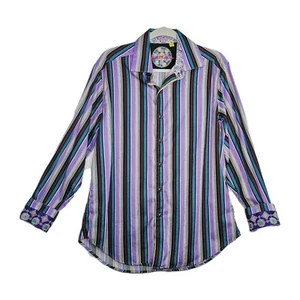 Robert Graham Mens L Long Sleeve Button Up Shirt Purple Blue Striped Flip Cuff - Picture 1 of 9