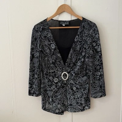 Alex Evenings 女式上衣 SZ L Gala 游艇 Glam 乡村俱乐部印花胸针 — 第 1/4 张图片