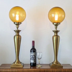Large Pair Vintage Gold Brass Lamps Glass Globe Shades Art Deco 1970s MCM Huge - Picture 1 of 11