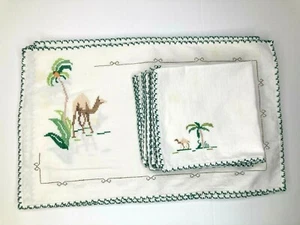 6 Placemats Cross Stitch White & 6 Napkins Camel Palm Tree **All Have Stains** - Picture 1 of 6