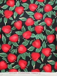 VTG Hoffman International Fabric 43" X 28" Cotton Red Apples Black Background - Picture 1 of 7