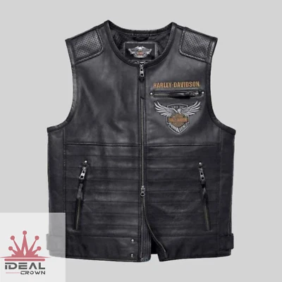 HD Men's Black Leather Motorcycle Vest Jacket – Classic Rider Style Vest Jacket - Image 1 of 2