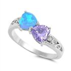 Hearts Ring Sterling Silver 925 Blue  Lab Opal Amethyst Face Height 8 Mm Size 5