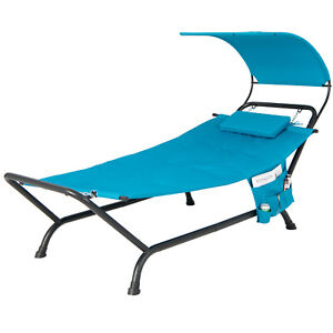 Patio Hanging Chaise Lounge Chair w/ Canopy, Cushion, Pillow & Storage Bag