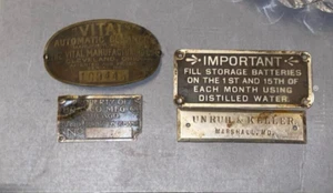 OLD METAL NAME PLATE SIGN UNRUH KELLER MARSHALL MISSOURI BRASCO CHICAGO VITAL OH - Picture 1 of 7