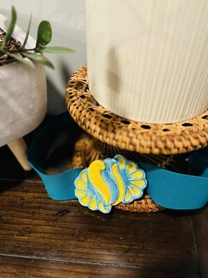 Cinturón Mujer Elastizado Esmaltado Hebilla Años 70 - 80 Azul Amarillo Vintage Playa Retro Foto 1 de 2