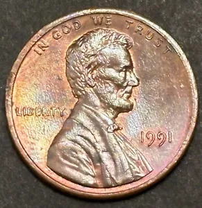 1991-P - LINCOLN MEMORIAL BACK CENT DETAILED TONED COIN - Picture 1 of 2