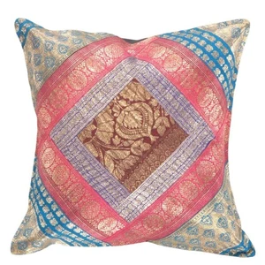 Federa per cuscino quadrata in seta Sari vintage 16" - Foto 1 di 2