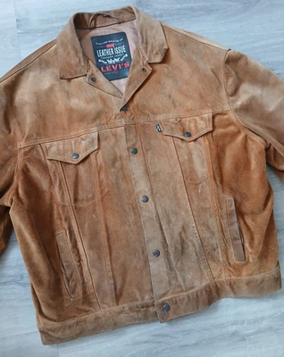 Vintage Levi's Black Tab Suede Leather Trucker Jacket - Size L (p2p 24.5") - Image 1 of 4