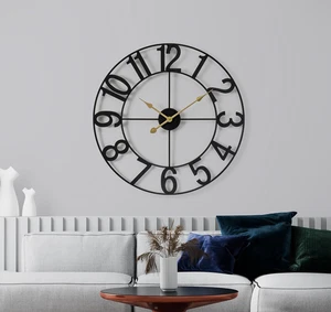 Reloj de Pared Grande 24 Pulgadas - Reloj Decorativo de Metal Negro con Agujas Doradas - Silencioso - Imagen 1 de 12