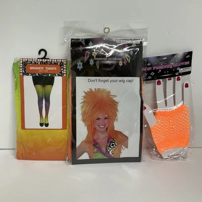 Neon Orange rocker wig, Fishnet Gloves, Tights, Halloween costume Pieces - Image 1 of 4