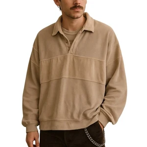 Vintage 90s Tan Rugby Pullover Collared Sweatshirt Made in Taiwan Mens XL - Picture 1 of 7