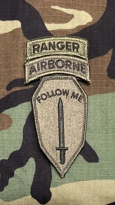 US Army Infantry School Ranger/Airborne Patch BDU w/ Hook OD - Image 1 of 3