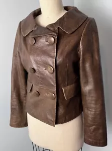 Y2K In 60s Style Arden B Genuine Leather Jacket Brown Biker Mod Crop Twiggy Med - Picture 1 of 18