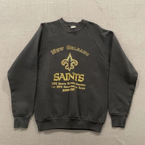 Vintage New Orleans Saints Sweatshirt Mens Large Raglan USA Made Black Gold NFL Cover